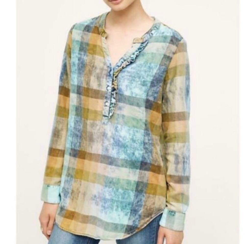 Anthropologie Isabella Sinclair Ruffled Plaid Shirt Size Medium